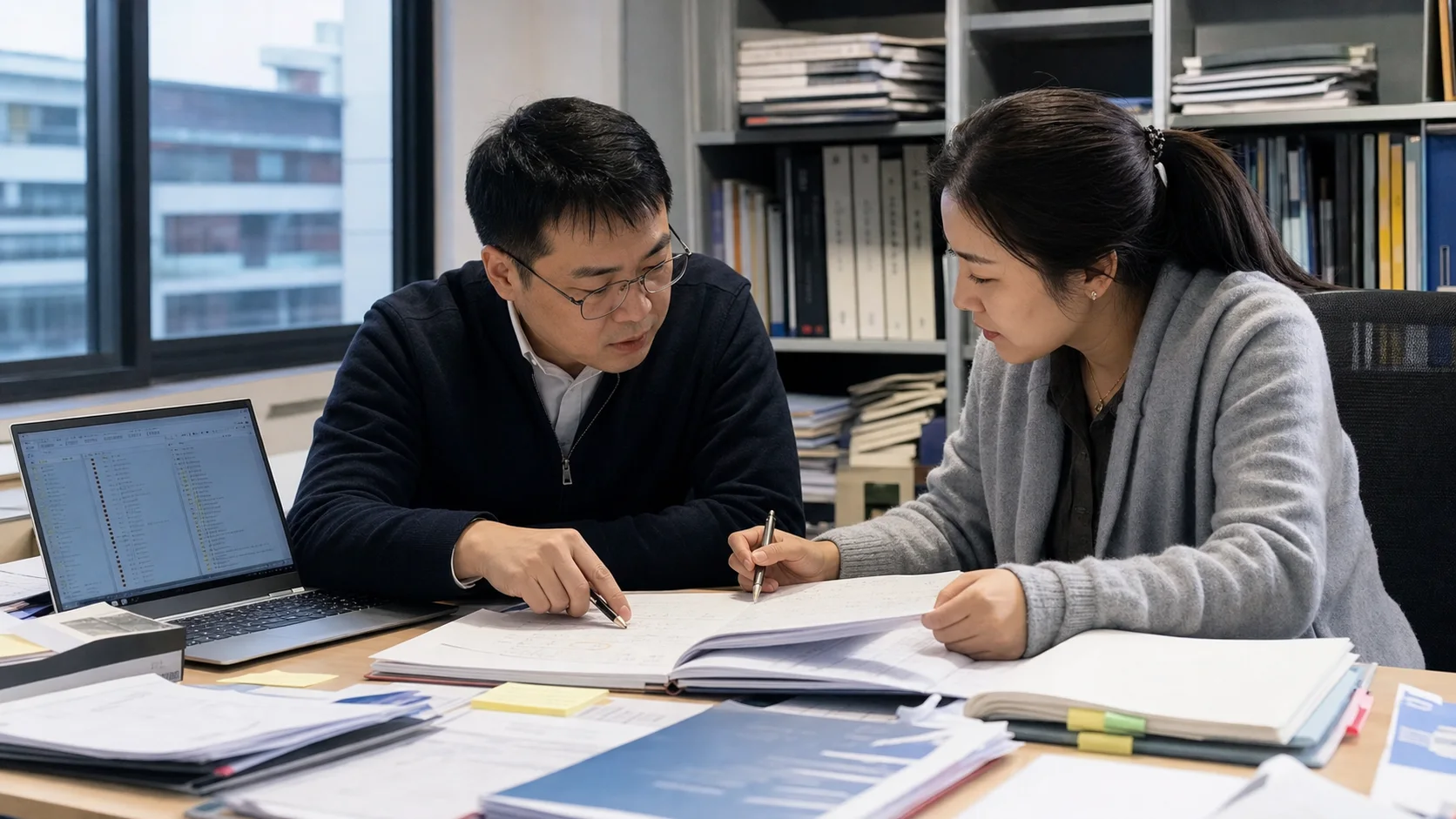 场景图：业务专家与实施人员在真实会议室整理制度、产品资料和流程文件，把分散经验变成可调用的企业知识