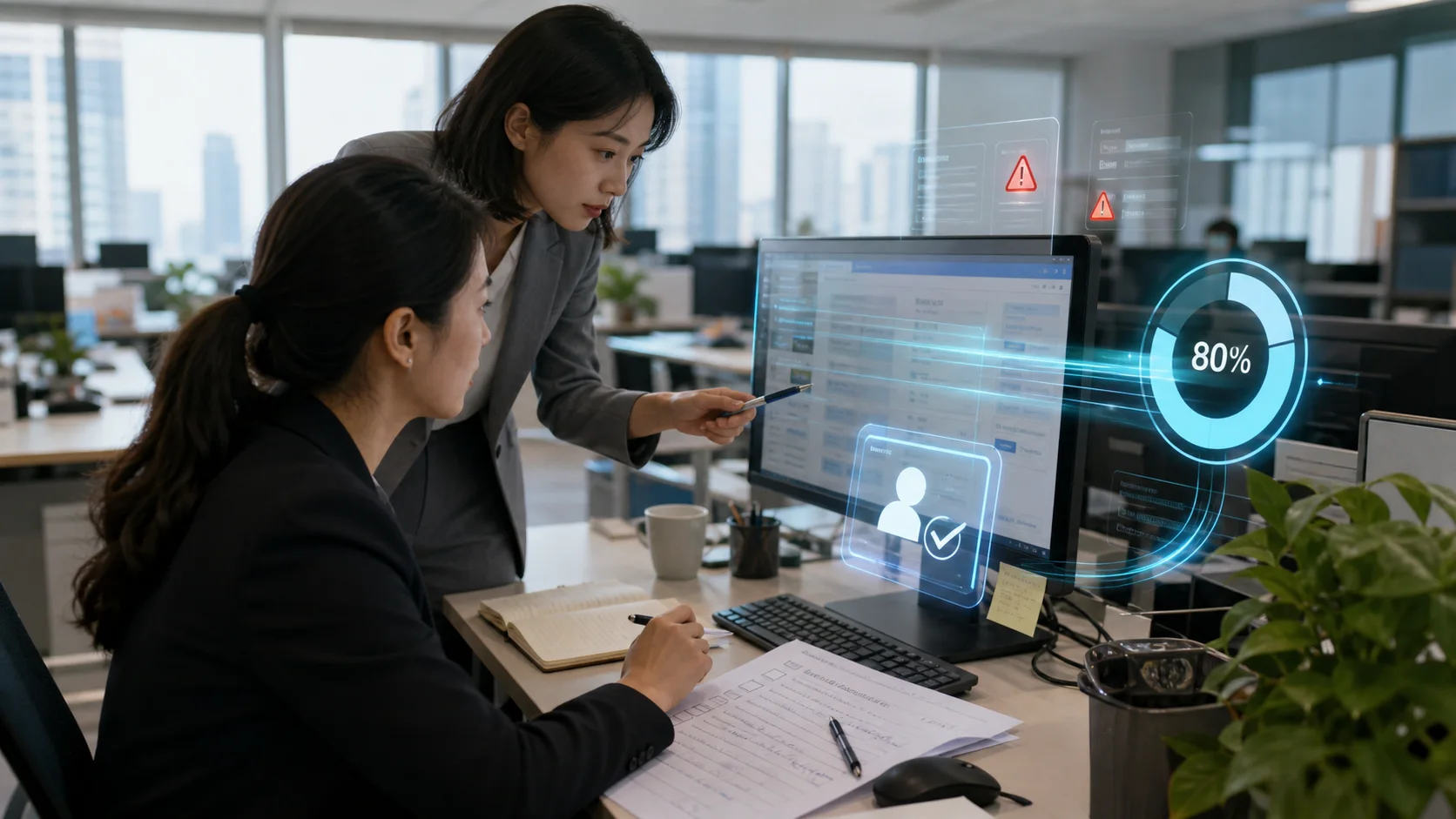氛围:业务负责人和同事在真实办公室审核 AI 方案,虚拟评分与风险节点辅助呈现