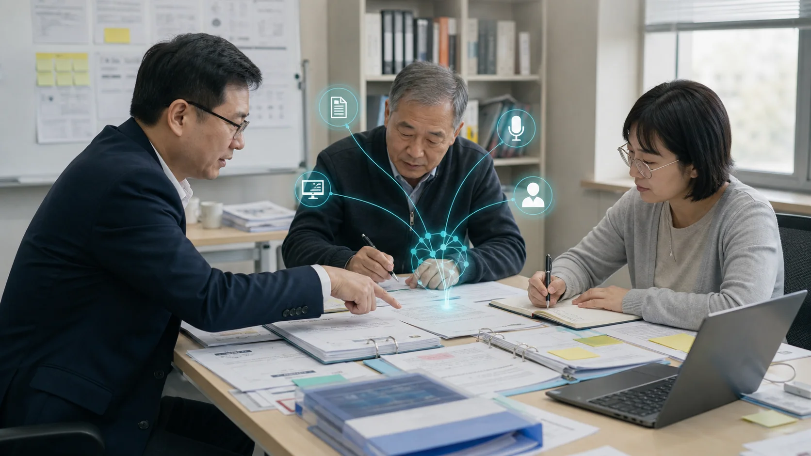 氛围:知识管理员与业务专家整理文档和会议记录,轻量知识网络把资料、语音、系统状态与记忆连接起来
