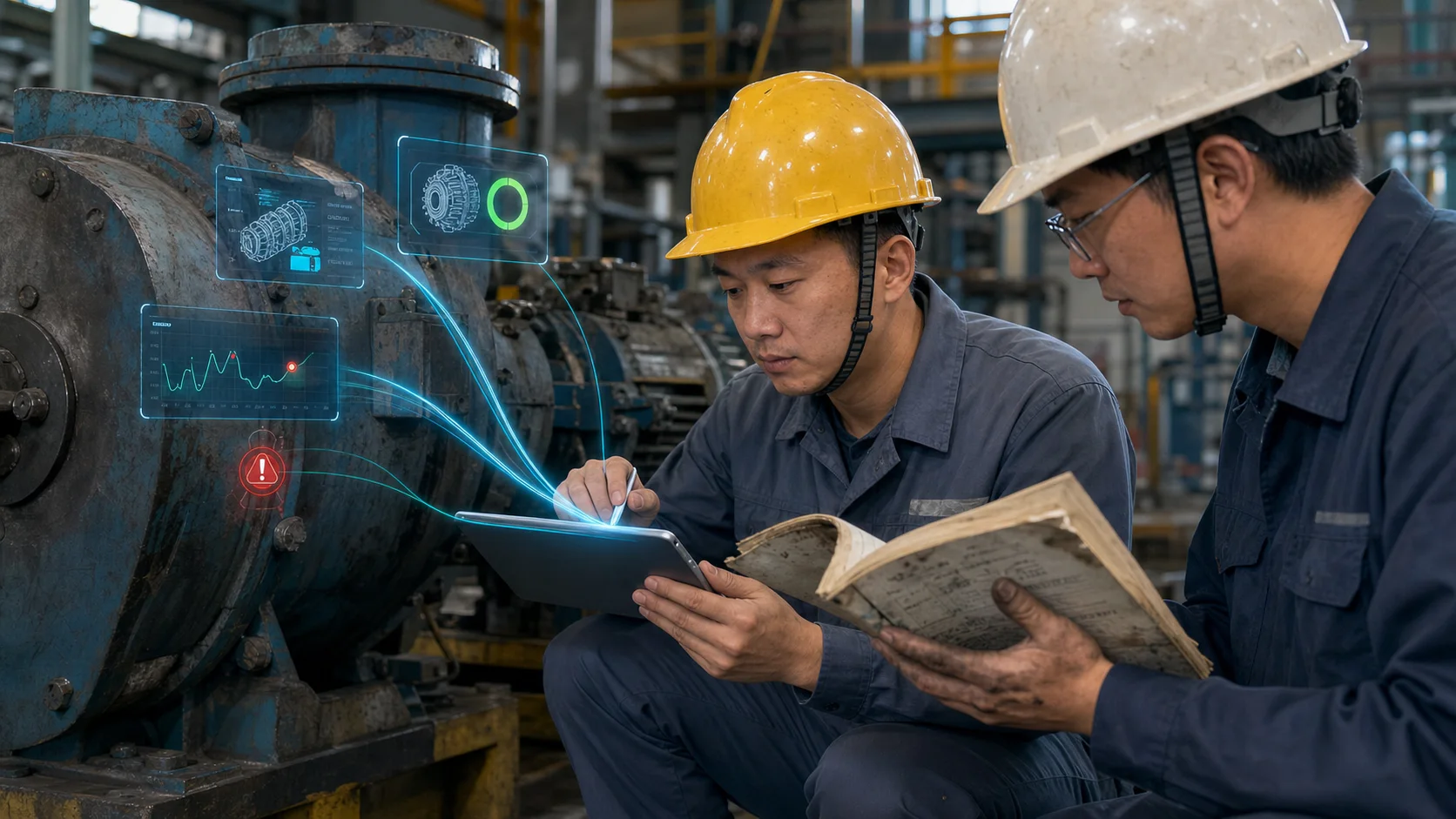 氛围:工程师在真实设备旁查看平板,维修手册与实时状态、历史维修节点以轻量虚拟信息连接